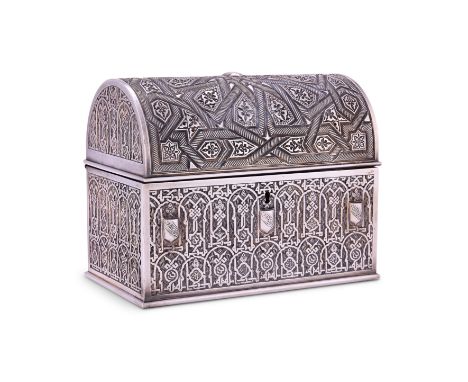 A SPANISH ELECTROPLATE 'ALHAMBRA' CASKET, R. CONTRERAS É HIJO, GRANADA, CIRCA 1900 domed rectangular, the lid with typical fo