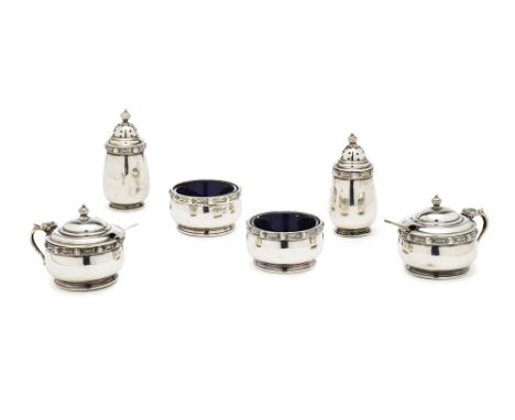 A SIX-PIECE SILVER CONDIMENT SET, OLLIVANT & BOTSFORD OF MANCHESTER, BIRMINGHAM, 1938 circular and applied to the rims with a