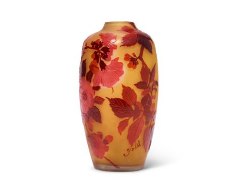 A GALLE CAMEO GLASS 'HIBISCUS' VASE, EARLY 20TH CENTURY ovoid, the flowering branches in shades of red against a straw colour