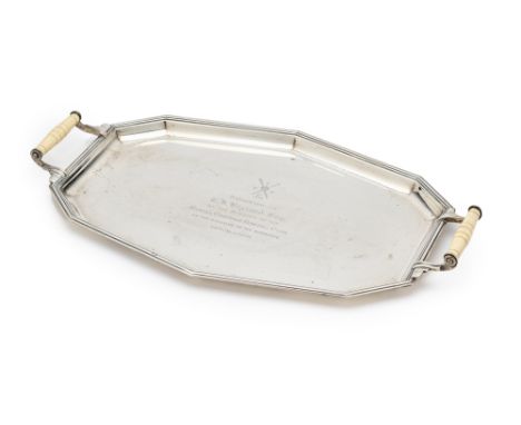 AN ART DECO EDWARD VIII SILVER TRAY, ADIE BROTHERS LTD., BIRMINGHAM, 1836  ◉ elongated decagonal, engraved with a presentatio