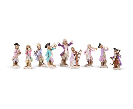 A GROUP OF NINE MEISSEN MONKEY BAND (AFFENKAPELLE) FIGURES, MID 19TH CENTURY after models by Johann Joachim Kändler (1706-177