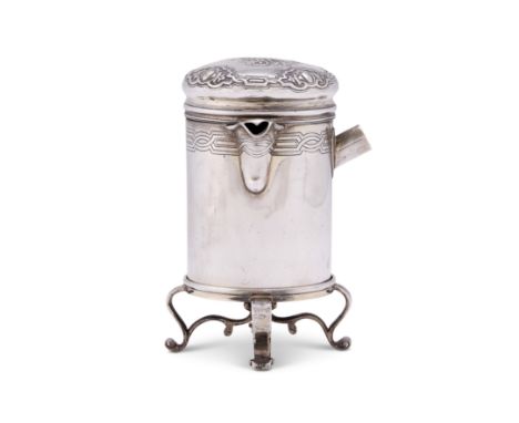 A VICTORIAN SILVER SMALL VERSEUSE ON STAND, HUNT & ROSKELL, LONDON, 1848 the cylindrical pot with a flat-chased band of the s