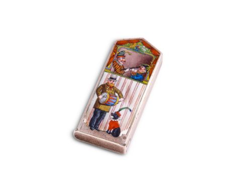 A VICTORIAN SILVER AND ENAMEL 'PUNCH & JUDY' VESTA CASE, S. MORDAN & CO., LONDON, 1887  rectangular with one end pointed and 