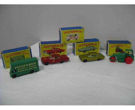 Four Matchbox 1-75's Regular Wheels. No. 1 Road Roller, No. 46 Pickfords Fordson Removal Van, No. 59 Fire Chief Car, No. 36 O