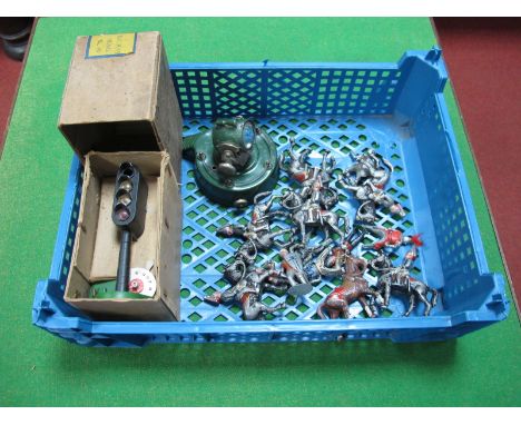 A Mid XX Century Astra Diecast Railway, Lamp boxed, an Astra Searchlight, unboxed and a quantity of Wendal mounted guards and