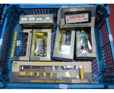 Seven Boxed  Playworn Wrenn OO Gauge Goods Wagons, and #W6002 Pullman car "Aries" first class. Including Guinness tanker, hop
