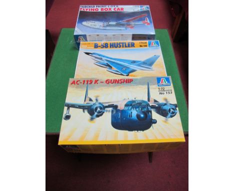 Three Boxed Hasegawa 1:72nd Scale Model Aircraft Kits, # 153 AC-119K-Gun Ship, U.S.A.F., # 142 Convair B-58 Hustler, both mod