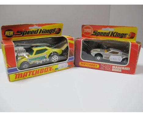 Two Matchbox Speedkings No K-43 Cambuster, in yellow plus No.K-56 Maserati Borain silver, both boxed crushing and rubbing to 