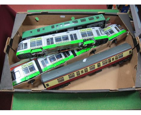 Two Lima 'O' Gauge Coaches, Blood and Custard and Southern Green, with two Majorette City Tram Models (one customised for ele