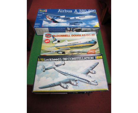 Three Boxed Model Commercial Airliner Models Revell, # 04230 1:144th scale Airbus A 380-800, All parts sealed in bag. # 06177