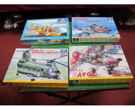 Four Boxed Italeri 1:72nd Scale Model Helicopter Kits, # 110 MI-28 Havoc, # 054 ACH-47 Chinook Gunship, # 1226 EH-101 Cormora