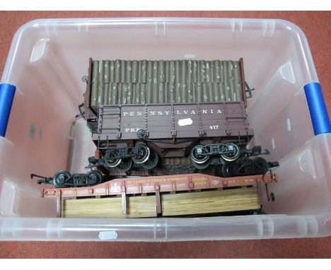 Six "G Scale" Mid-West American Outline Rolling Stock Wagons by Bachmann and L.G.B. Including Sumpter Valley log wagon, ATSF 