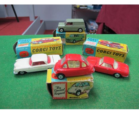 Four Boxed Original Corgi Diecast Cars, #230 Mercedes-Benz 220 SE Coupe', cream body, #450 Austin Mini Van, #233 Heinkel-1 ec