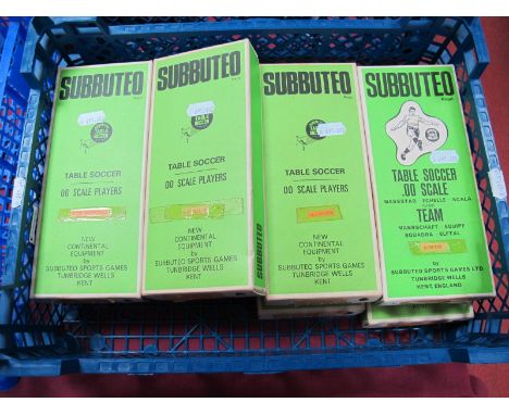 Seven Boxes Subbuteo Table Soccer OO Scale Players, Anderlect team with purple bases, Blackpool, AC Milan, AJAX, Celtic, Norw