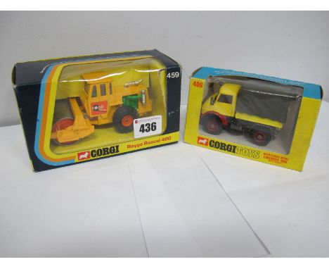 Two Window Boxed Original Corgi Commercial Vehicles, #406 Mercedes-Benz Unimog, with canopy, yellow/v red body, un-usual red 