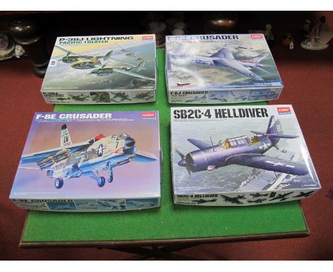 Four Boxed Academy 1:72nd Scale Model Aircraft Kits, # 2209 P-38J Lighting 'Pacific Theatre', # 12412 F-8J Crusader 'U.S.Navy