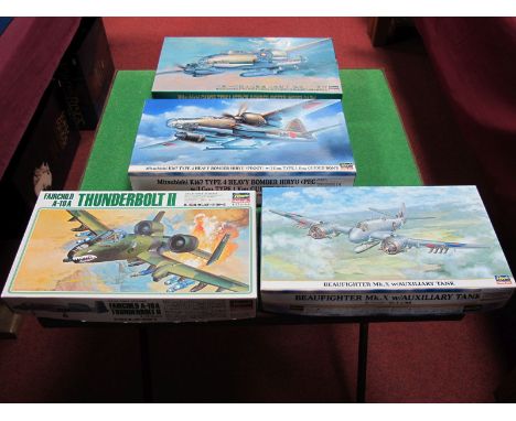 Four Boxed Hasegawa 1:72nd Scale Model Aircraft Kits , # 00082 Mitsubishi Ki67 type 4 Heavy Bomber, #00128 Beufighter MK. X, 