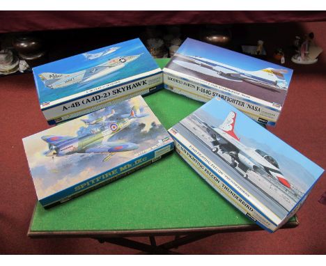 Four Boxed Hasegawa 1:48th Scale Model Aircraft Kits, # JT 79 Spitfire MK. 1XC R.A.F., # 09406 F-16D Fighting Falcon 'Thunder