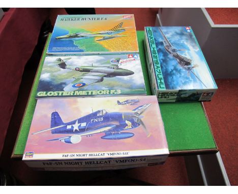 Four Boxed 1:48th Scale Model Air Craft Kits, Tamiya # 83 Gloster Meteor F.3 with aftermarket resin parts,  Hasegawa # 09447 