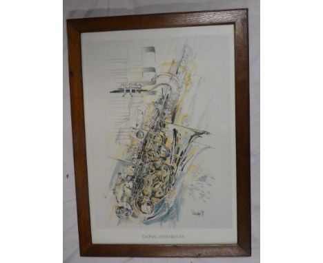 A good quality modern multi media screen print of a saxophone after Thomas Weisemberger, framed and glazed