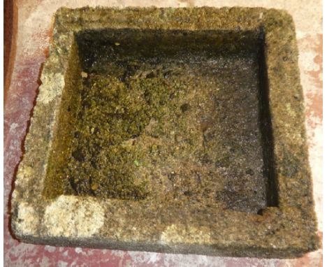 A weathered composition square garden trough 18" x 17"