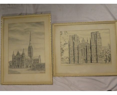 W**R**McGrath - pencil/pen and ink"Wells Cathedral/Salisbury Cathedral", signed, labelled to verso, 12" x 16" and 18" x 13" (
