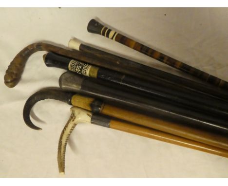 A bundle of seven various walking sticks including silver mounted walking cane, horn mounted cane, antler and silver mounted 