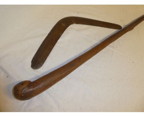 An old wooden rustic walking stick and an Australian hardwood boomerang (2)