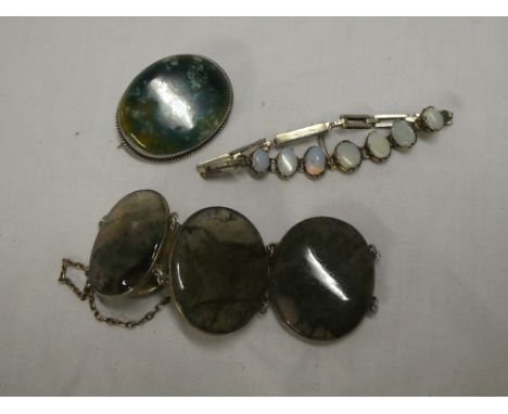 A silver bracelet set opal, moss agate mounted bracelet and one other similar brooch