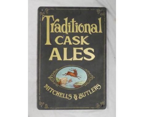 An old slate rectangular advertising plaque "Traditional Cask Ales - Mitchells &amp; Butlers" with ceramic central panel depi