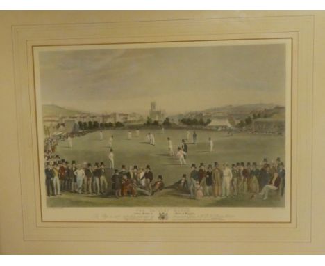 A coloured print "The Cricket Match" after an engraving by G R Phillips, framed and glazed