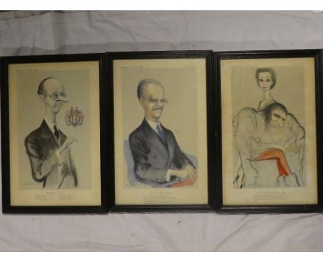 Three Punch cartoon portraits by R Searle including Sir Laurence Olivier and Vivien Leigh, General Sir Brian Robertson and th