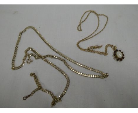 A 9ct gold pendant necklace set opal and garnets with chain and a 9ct gold flat link necklace (2)