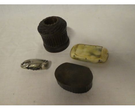 An unusual plated vesta case in the form of a lobster claw with hinged end; a lignum vitae cylindrical match striker with car