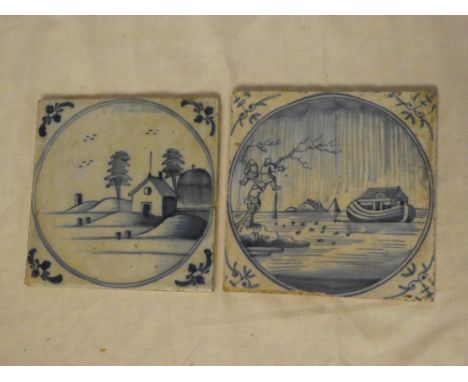 Two 18th Century ceramic square tiles with blue and white landscape/river scene decoration 
