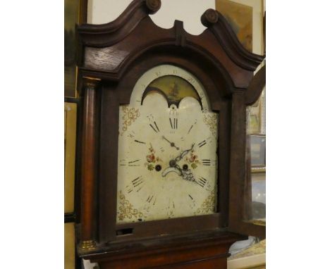 A 19th Century longcase clock with 12" painted arched dial with moon-phase and shipping aperture, 8-day movement in oak and m