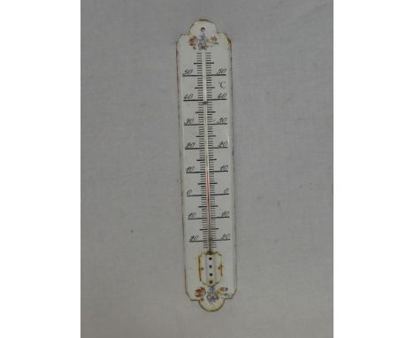 A French enamelled wall-mounted thermometer with floral decoration, 19" high