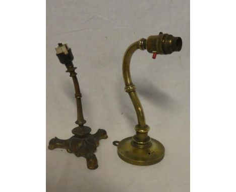 An old brass curved wall light 10" high and one other old brass desk lamp on trefoil base (2)