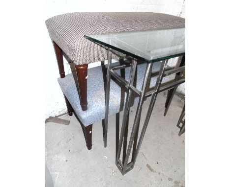 Two Upholstered Double Footstools, and a Silver Coloured Console Table with glass top, 30.5" wide.