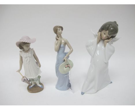 A Lladro Figurine, of a winged cherub, Lladro figure of a girl and a Nao figure of a girl. (3)