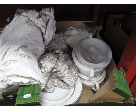 Vintage Tablecloths, Coalport tureens, etc:- One Box