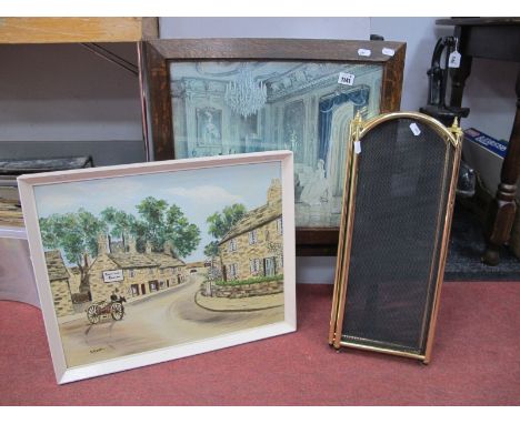K. Mastin Oil on Board, of The Hare and Hounds, Dore; together with a folding fire screen-table and a fire guard. (3)