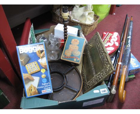 Early XX Century Walking Stick, gents umbrella, games, lazy susan, pocket viewfinder:- One Box