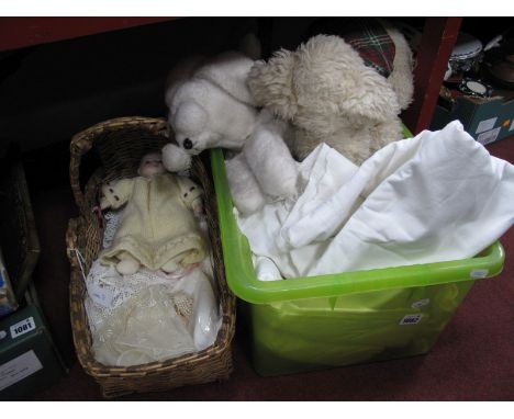 Damask and Embroidered Table and Bed Linen, vintage 'Poodle' pyjama case, porcelain doll in basketwork crib and a terrier dog