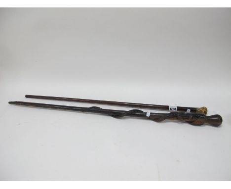 Late XIX Century Gents Walking Stick, with a gilt metal handle engraved 'Coronat Oie' and a sun (rubbed); together with one o