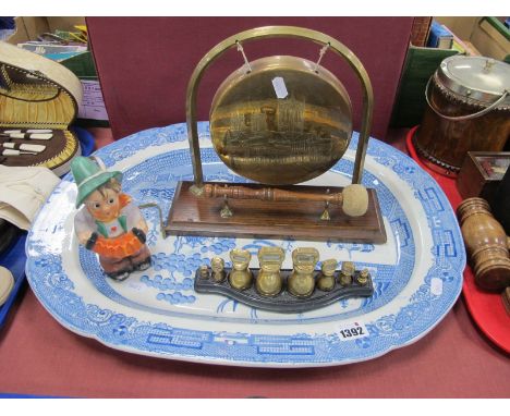 XIX Century Large Willow Pattern Blue and White Meat Plate, brass dinner gong engraved with Lincoln Cathedral, Salter brass w