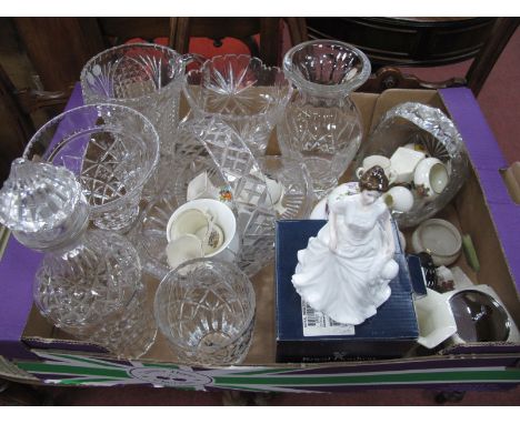 Waterford Crystal 'Adare' Decanter (cracked), other cut glass vases and baskets, Doulton Harmony figurine, Hammersley ginger 