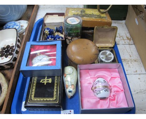 Pocket Watches, travelling clock, cufflink's, Limoges scent bottle in an egg:- One Tray.