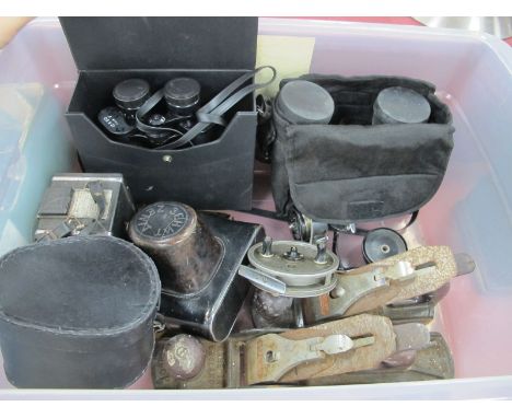 Bailey Planes, with Stanley blades, x 2, Zenit Em Camera, Hanoptik Binoculars, miniature sextant, fishing reels:- One Box