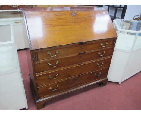 An XVIII Century Mahogany Bureau, with a fall front fitted interior, four long drawers, on bracket feet 107cm high,